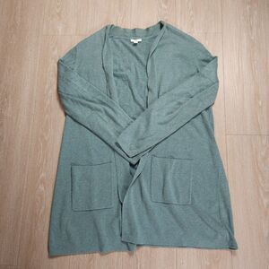 J Jill Open Cardigan Sweater L Green Cotton Blend Wool Silk Blend Pockets Soft